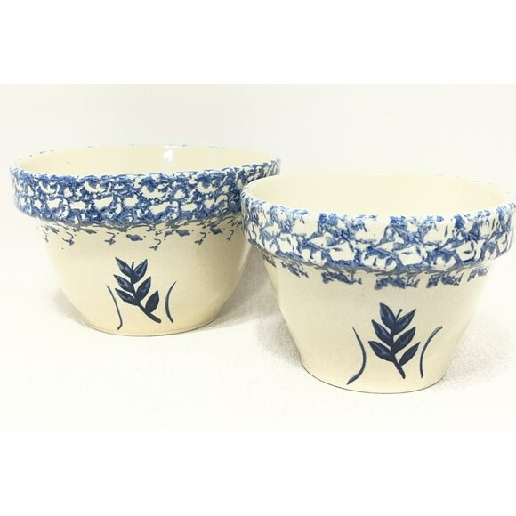 2 Ransbottom Roseville Pottery Wheat Blue Spongeware Nesting Bowls 6 & 7 Inch - Picture 4 of 10